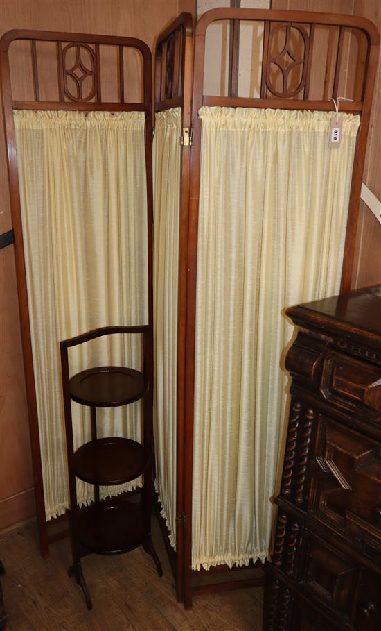 An Edwardian three fold dressing screen, H.170cm, and a folding cakestand